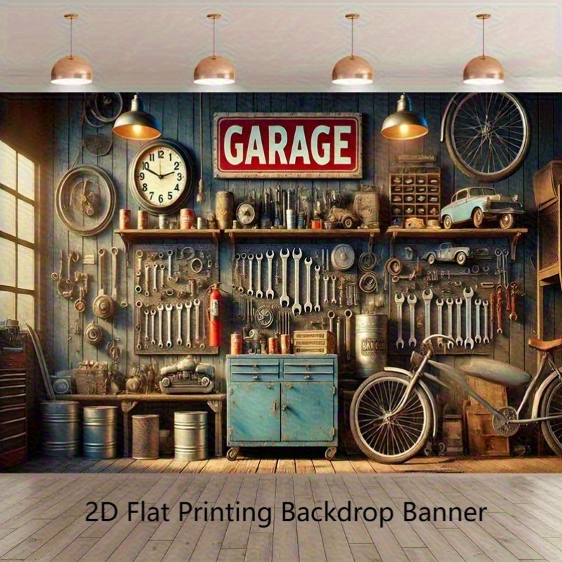 Industrial Garage Backdrop Ban - Workshop Tools Wallpaper recension och pris