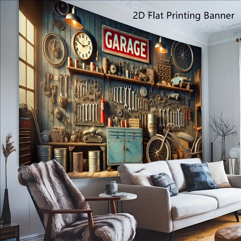 Industrial Garage Backdrop Ban - Workshop Tools Wallpaper recension och pris