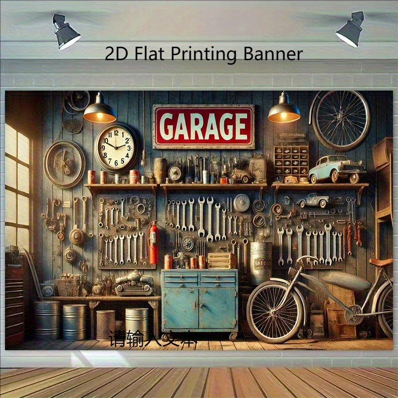 Industrial Garage Backdrop Ban - Workshop Tools Wallpaper recension och pris